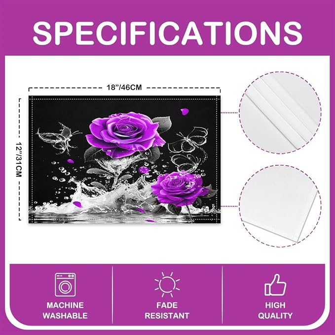 Feelyou Purple Rose Table Place Mats Romantic Floral Blossom Placemats Set of 4 for Women Black Purple Placemat for Kitchen Dining Table Reflection on Water Indoor Outdoor Decor Table Mats 18"x12" - Image 4