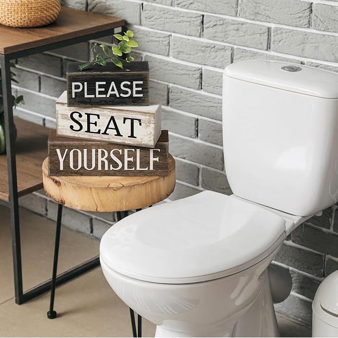 Moucuny 4 Pcs Bathroom Shelf Decor Farmhouse Bathroom Decor and Accessories Please Seat Yourself Sign Rustic Eucalyptus Leaves Wood Block Sign Gift Home Table Centerpiece for Home Office - Image 4