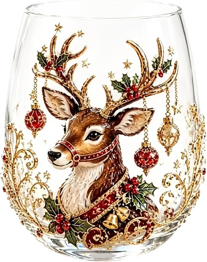 Christmas 3D Raised Glass Cup, Stemless Santa Wine Glass, Luxury Holiday Glassware for Coffee Tea Juice Milk Drinks by Unknown