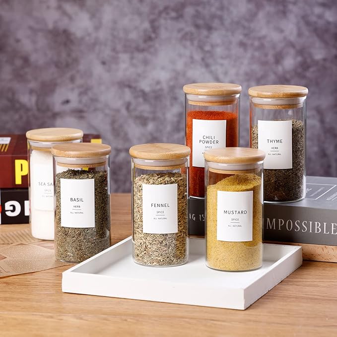 12 Pcs Glass Spice Jars With Bamboo Airtight Lids, 8oz Thicken(2.4mm) Spice Containers With 148 Minimalist Preprinted Waterproof Spice Labels, Kitchen Empty Small Storage Jars For Seasoning, Herb - Image 8