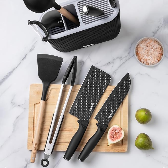 Knife Set with Block,9 Pieces Kitchen Knives and Heat Resistant Silicone Kitchen Utensils Set with Wooden Handle,Ideal Cooking Tools for Kitchen - Image 3