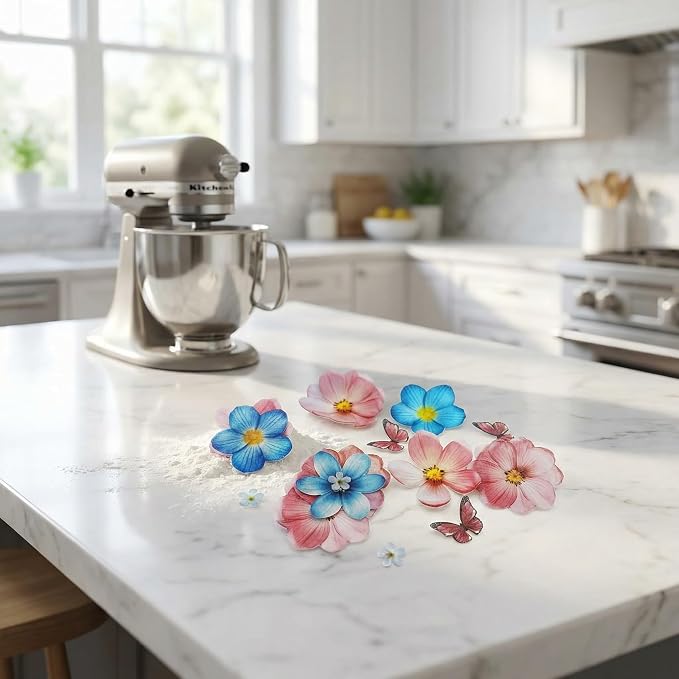 Set of 55 Edible Flowers & Butterflies Cupcake Toppers Wedding Cake Party Food Decoration Mixed Size & Colour for Anniversary (Flower Butterfly) - Image 5