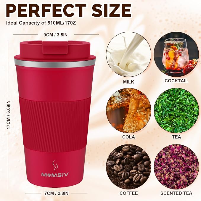 MOMSIV 17oz Travel Coffee Mug, Insulated Coffee Cup with Leakproof Lid | 6-Hour Heat Retention, 360°Leak proof, Vacuum Stainless Steel Double Walled, BPA-free, Reusable And To Go Coffee Mug - Image 2