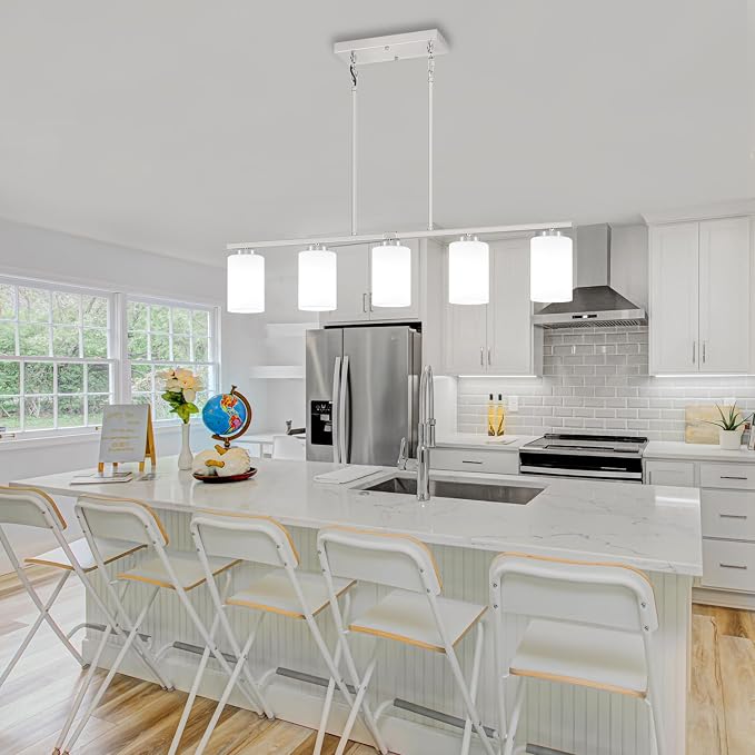 5-Light Kitchen Island Lighting Brushed Nickel Dining Room Light Fixtures | Modern Linear Chandelier Over Table, Adjustable Kitchen Lighting Fixtures Over Island with White Frosted Glass - Image 7