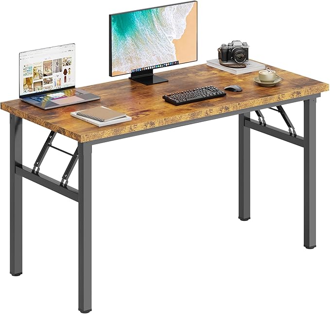 DlandHome 47 Inch Folding Computer Desk, Fully Assembled, Retro | Foldable Writing Table, Portable Activity Conference Table for Home Office, Wood Top Metal Frame, Collapsible Easy Storage by DlandHome