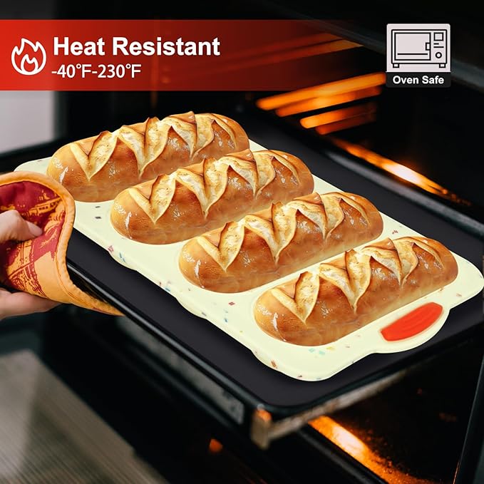 Silicone Bread Loaf Pan, 4-cavity Non-Stick Baguette Bread Pan Heat Resistant Hot Dog Bun Mold, for Sub Roll Baking Pan Bread Pans for Homemade Bread（Beige）