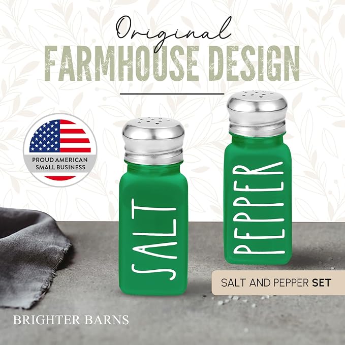 Green Salt and Pepper Shakers Set by Brighter Barns - Modern Farmhouse Kitchen Decor for Home, Restaurants, Airbnb - Cute Kitchen Decor and Accessories - Glass Shakers & Stainless Steel Lids (Green) - Image 4