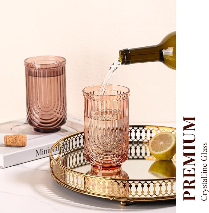 Venus Vintage Drinking Glasses Set of 6-17oz Hand-Blown Highball Ribbed Glassware, Arch Design Cocktail Glasses for Whiskey Water Beverages Ice Coffee Juice Milk - Image 5