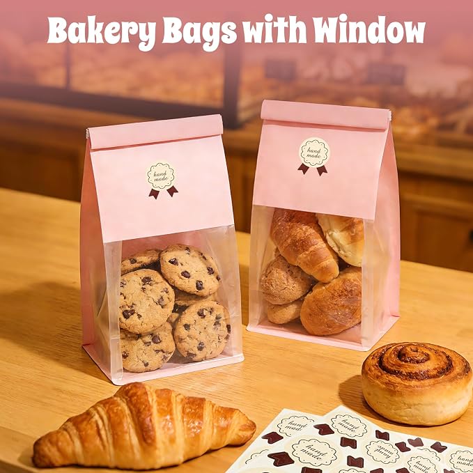 Funcoo 50 Bakery Bags with Window, 5.1x3.9x11 Inches Paper Bread Bags, Tin Tie Tab Lock Cookie Bags Food Storage Bag for Snacks, Popcorn, Candies, 60 pcs Stickers Included - Image 6