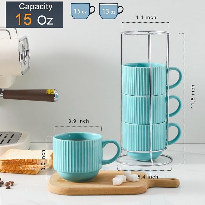 Hasense 15 oz Coffee Mug Set of 4 with Stand - Stackable Large Ceramic Ribbed Latte Cup Set for Cappuccino, Tea, Hot Cocoa, Drinks - Dishwasher & Microwave Safe, Turquoise - Image 3