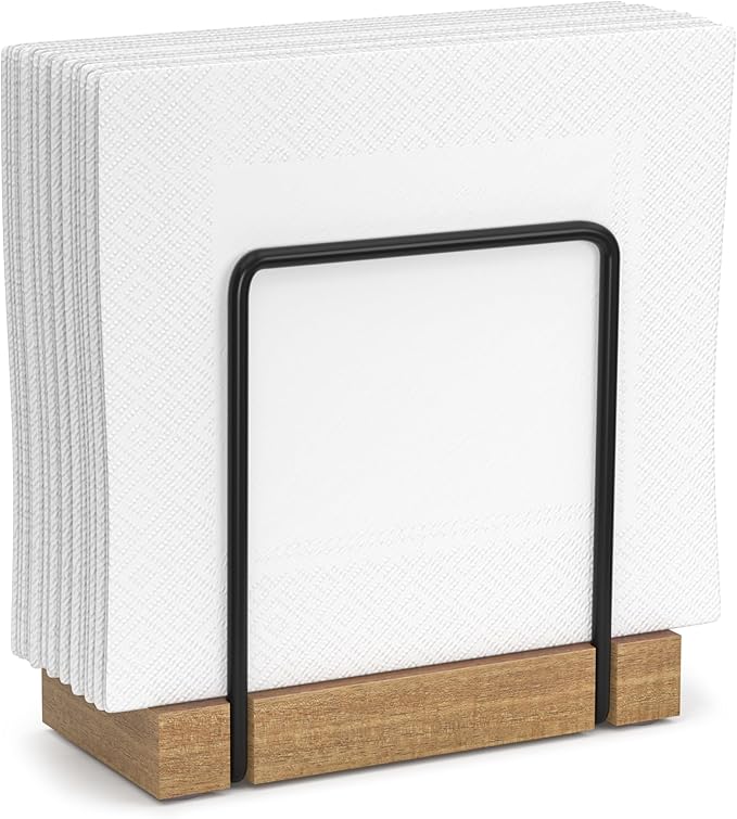 Wican Napkin Holder for Table, Acacia Iron Standing Napkin Dispenser | Kitchen Dining Table Farmhouse Cocktail Picnic Rustic Wood Holders, Mail, Suitable Dining Room Decors, Acacia and Matte Black by Wican