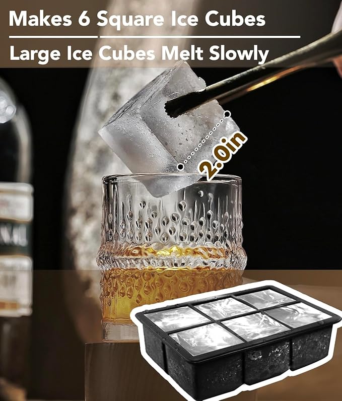 Silicone Ice Cube Trays for Freezer – Large Square Ice Cube Molds, BPA-Free, Easy-Release Ice Cube Maker for Whiskey, Cocktails & Drinks, Stackable Freezer Ice Molds,Dishwasher Safe(12 Cubes,Black)