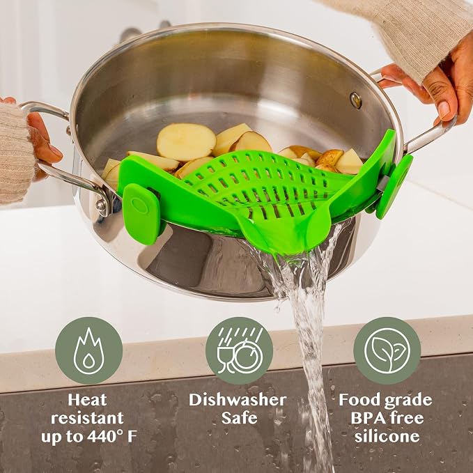 Kitchen Gizmo Snap N' Strain Clip On Strainer for Pots and Pans - Collapsible Silicone Pasta Strainer and Kitchen Gadget for Cooking - Easy to Use, Heat Resistant and Space Saving Colander - Green - Image 5