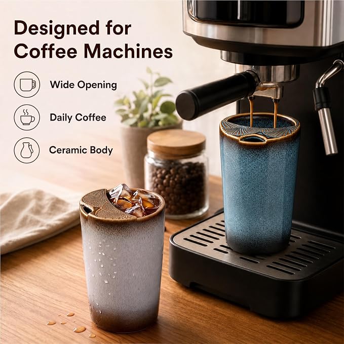 2 Pack Ceramic Coffee Mug with Sip Hole, Retro Espresso Cup 13 oz with 2 Straws and 2 Cleaning Brushes Ceramic Iced Coffee Tea Travel Mug Latte Cup for Kitchen Dining - Image 3