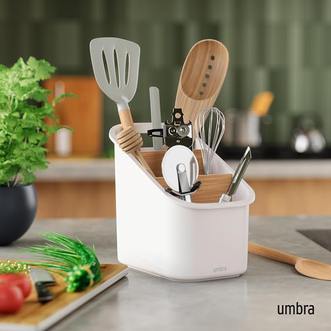 Umbra Bellwood Utensil Holder, Kitchen Storage Organizer, White/Natural | Three tier compartments, removable dividers, compact countertop fit, recycled plastic - Image 2
