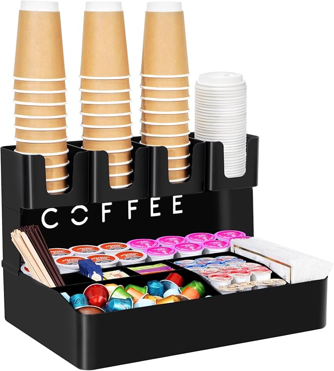Lifewit 2-tier Coffee Station Organizer Caddy for Countertop, 11 Compartments Coffee Bar Organizers for Cups, Pods, Sugar, Compact Condiment Holders Storage for Office Breakroom Kitchen Home Black by Lifewit