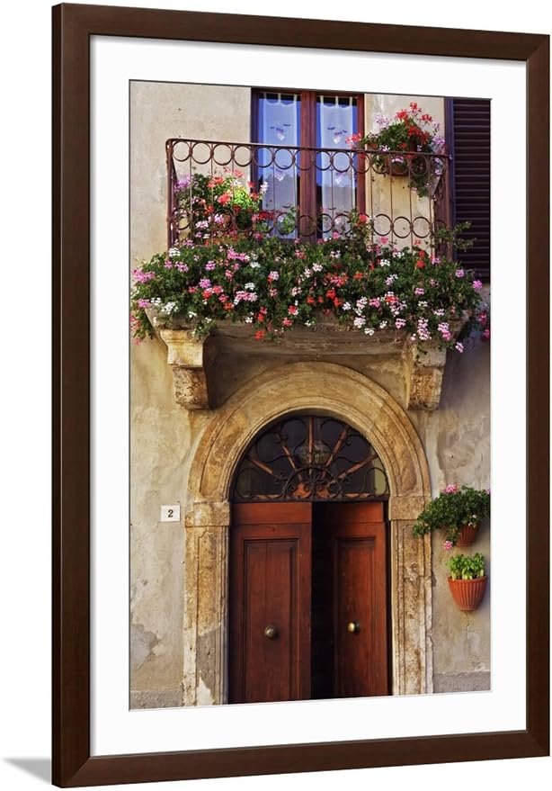 ART.COM Wall Photo Balcony Flowers and Doorway in Pienza Tuscany Italy on Brown Frame by Julian Castle, 32" x 44" by ART