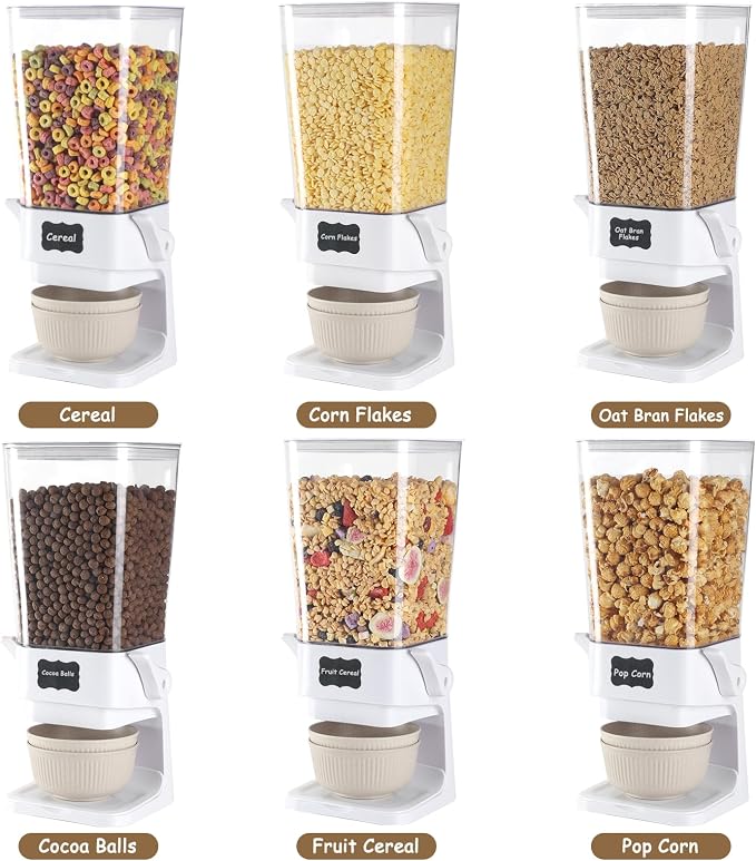 Cereal Dispenser Countertop with Cereal Bowls,16 Labels & Pen, Cereal Containers Storage, Candy Dispenser, Dry Food Dispenser For Pantry - Not Easy to Crush Food (White, 2 Pack) - Image 7