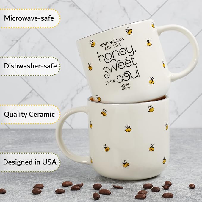 Christian Art Gifts Large Ceramic Coffee & Tea Mug for Women: Kind Words are Like Honey Inspirational Bible Verse, Cute Microwave/Dishwasher Safe Bumble Bee Cup, Yellow/White, 15 oz. - Image 5