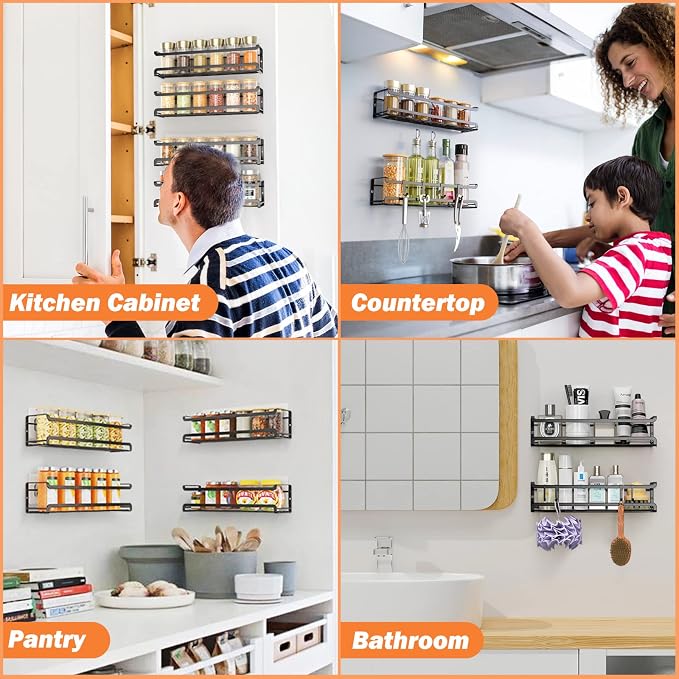 Bunoxea Spice Rack Wall Mounted 2 Pack, Black,11.41x2.75x2.75in | 2 Removalble Hooks,Screw or Adhesive Hanging,Space-Saving,For Kitchen Cabinet, Pantry Door,Stove,RV - Image 6
