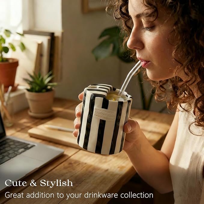 Ceramic Coffee Mug with Half Lid, 12oz To Go Coffee Mug, Handcrafted Striped Glazed Ceramic Coffee Mug with Dual Sip Lid for Hot and Cold Drinks, Black - Image 9