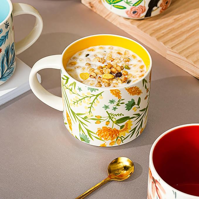 Frcctre Set of 4 Ceramic Coffee Mug Set, Large 15 Ounce Ceramic Tea Cup with Handle, Vintage Hand Painted Floral Porcelain Mug Colorful Restaurant Mug for Coffee, Tea, Milk, Hot Cocoa - Image 5
