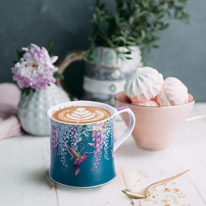 Spring Hummingbird Floral Coffee Mug, 12oz Dark Teal Ceramic Mug with Wisteria and Fluttering Hummingbird, Elegant Gift Mug for Mom, Women & Bird Lovers, Designed in England by Harvest Green Studio - Image 2