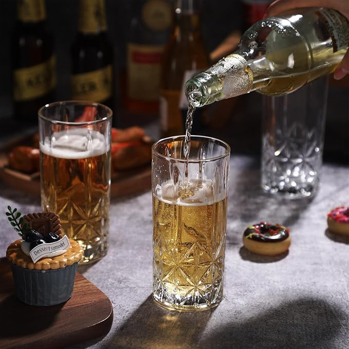 Uiifan Set of 12 Tall Highball Glasses 12 oz Crystal Drinking Glasses Clear Fancy Cups Vintage Textured Designer Glassware for Cocktail Tea Water Beer Soda Beverages, Dishwasher Safe(Stylish Style) - Image 5