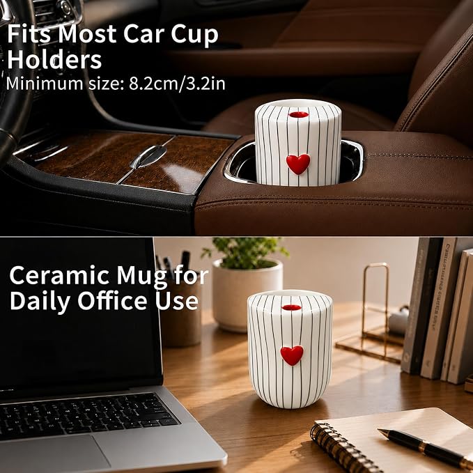 Ceramic Coffee Mug with Sip Hole, 12oz Striped Coffee Cup with Heart Accent, Cute Aesthetic Mug for Espresso Latte Cappuccino, Handmade Glazed Cup for Home Office Gift Use, Black - Image 4