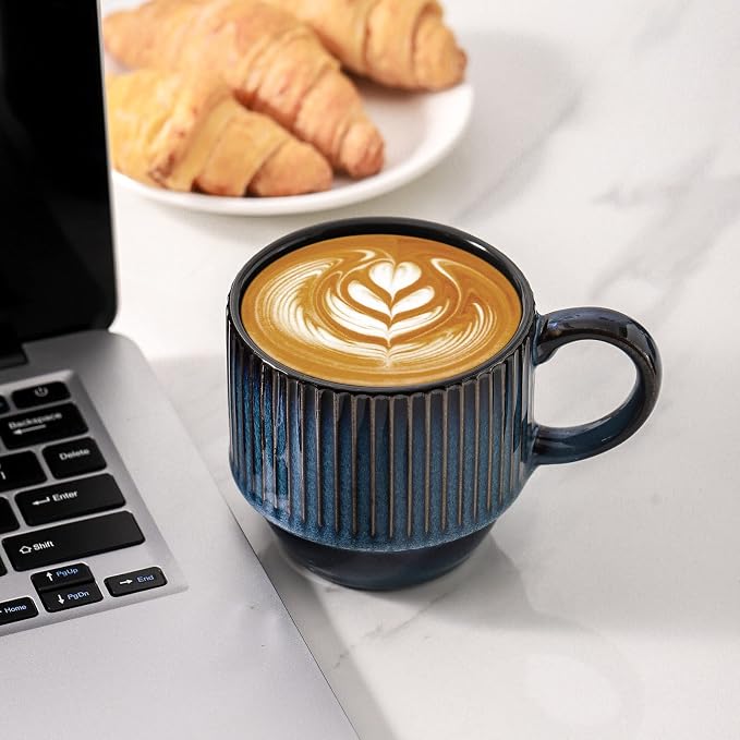 Hasense Navy Coffee Mugs Porcelain Set of 4 with Rack - 12 oz Stackable Coffee Cups Ceramic, Modern Ribbed Latte Cup Sets for Cappuccino, Tea, Espresso, Hot Cocoa, Drinks - Dishwasher & Microwave Safe - Image 7