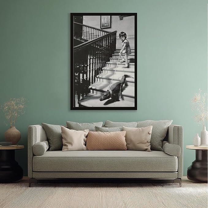 Girl Walking Baby Crocodile on Leash, Black And White Vintage Photo, Oddities, Funny Poster Canvas Poster Wall Art Decor Print Picture Paintings for Living Room Bedroom Decoration Black Frame 24x36in - Image 5