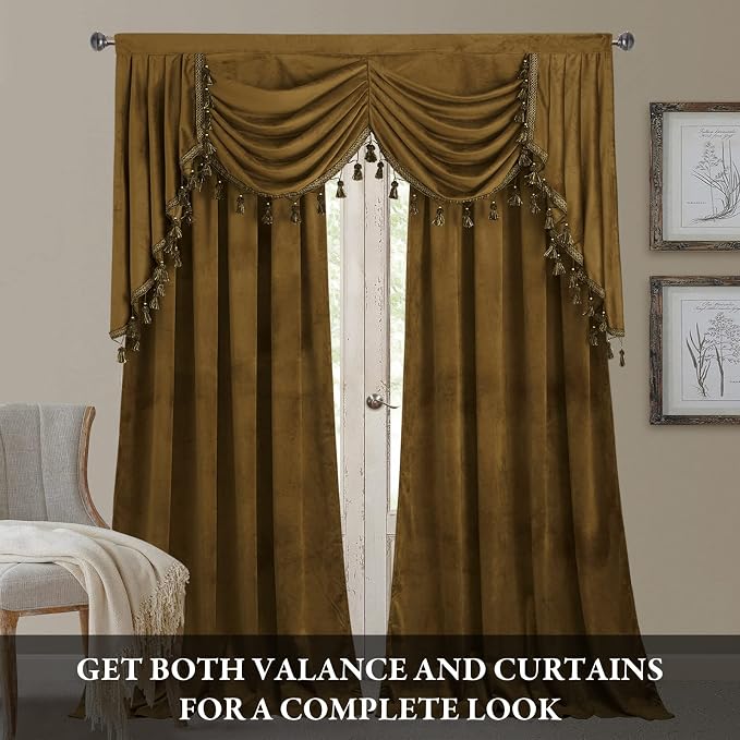 Autumn Decor Gold Brown Velvet Valance W59 inches, 1 Panel | Waterfall Swag Curtains for Kitchen Half Window, Light Blocking for Sliding Door, Living Room, Rod Pocket - Image 2