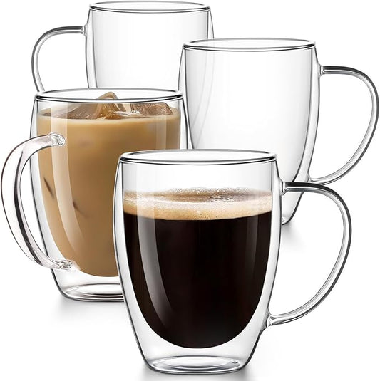 Double Walled Glass Coffee Mugs, 12.5OZ Cups Set of 4 for Latte Cappuccino | Clear Glass Coffee Cups with Handle,Perfect for Latte,Cappuccino, Espresso, American,Tea Bag by Potdoctor