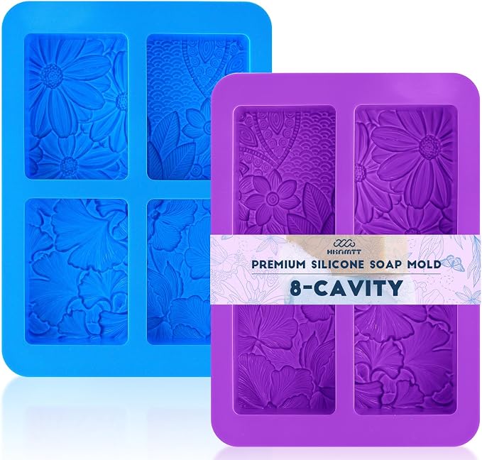 HKNMTT Silicone Square Rectangle Bar Molds 3D Leaf Flower Pattern, 8 Cavities for Soap Making Shower Steamer Homemade Bath Lotion Shampoo Bar DIY Set Non-stick Craft Food Grade 2 Pack by HKNMTT