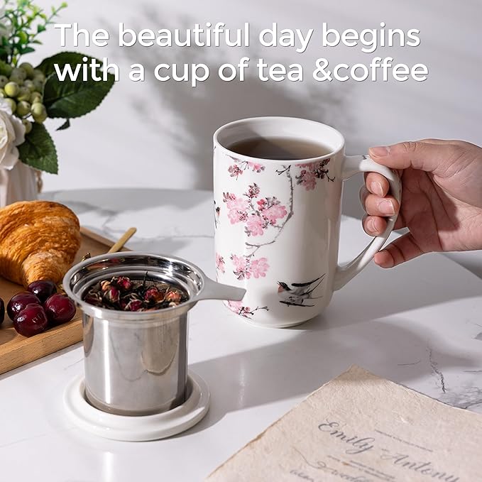 AmorArc Porcelain Tea Mug with Infuser and Lids, 18 Oz Coffee Cup Strainer with Bag Holder for Loose Leaf Tea, Steeping Coffee Mug for House-warming Wedding Birthday Gift