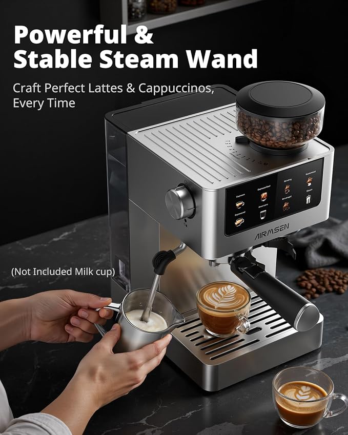 AIRMSEN Espresso Machines with Burr Grinder, 20 Bar, Milk Frother Steam Wand, Stainless Steel Coffee Maker for Home - Cappuccino Latte & ​​Cold Brew​​ Iced Coffee Maker & Americano - Image 4