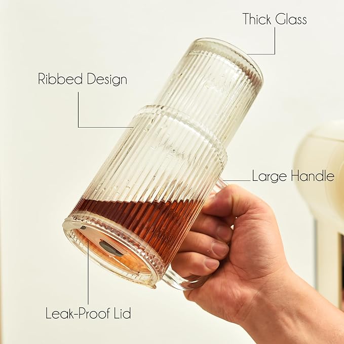 ALINK 26 oz Ribbed Glass Tumbler with Handle Lid and Straw, 2 Pack Ripple Large Iced Coffee Cups with Straws, Aesthetic Glass Travel Tumbler for Hot & Cold Beverages, Smoothies, Tea and Juice - Clear