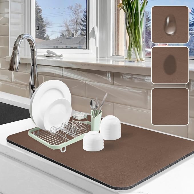 Dish Drying Mat for Kitchen Counter, 16"x24" Pad with Rubber Backed (Brown) | Hide Stain Anti Absorbent for Kitchen Counter, Non-slip Drying Mat for Coffee Machine Dish Rack by Etomiel