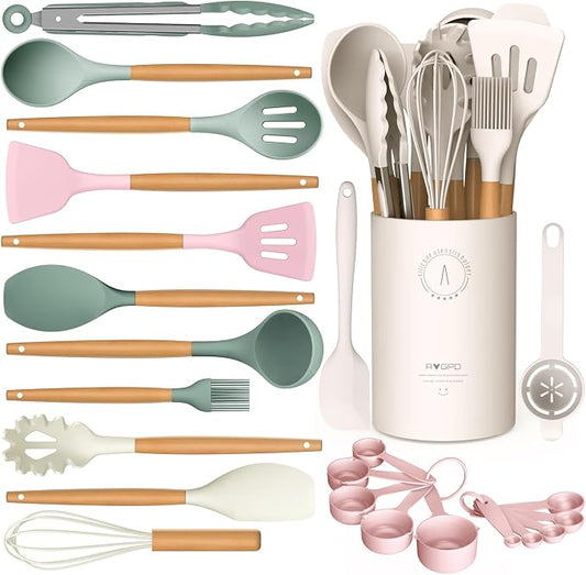 Silicone Cooking Utensils Set - AVGPD Silicone Kitchen Utensils for Cooking Wooden Handles, 446°F Heat Resistant Kitchen Utensil Spatula Sets, Gadgets for Non-Stick Cookware BPA FREE (Multicolour) by AVGPD