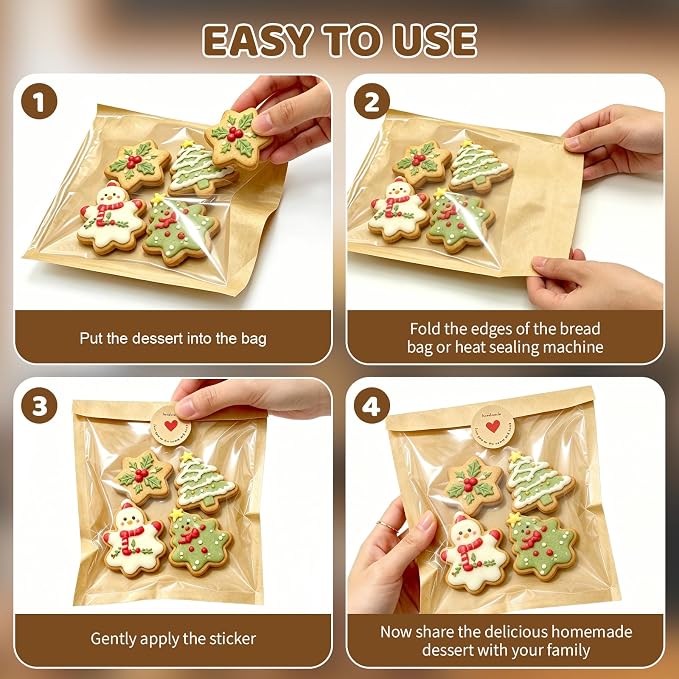 Individual Cookie Packaging Bags with Seal 120 Pack Bakery Bags for Cookies | 5.7x6.5 Inch Kraft Paper Cookie Bags with 120PCS Handmade Sticker Bakery Packaging Bags with Window for Candy Scone Brownie - Image 3