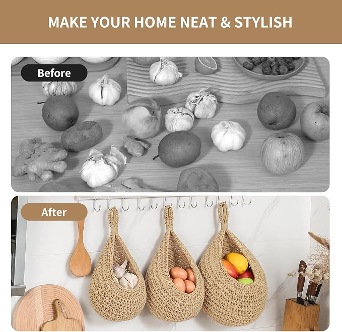 Boho Wall Hanging Fruit Baskets for Kitchen 3 Pack Woven Produce Holder with 6 Pcs Strong Hooks Vegetable Hanging Basket for Organizing Teardrop Home Wall Potato Onion Storage, Linen - Image 5