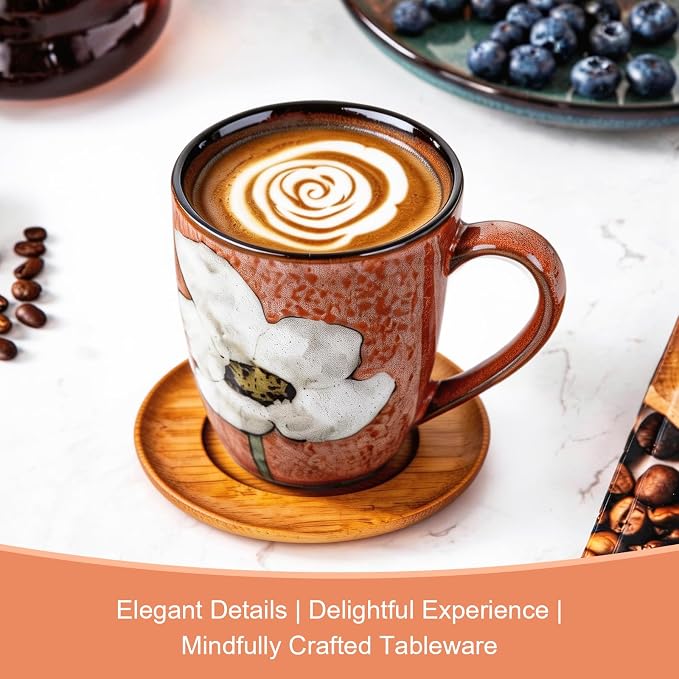 12oz Coffee Mugs Set of 4, Hand-Painted Floral Stoneware Cups with Handle, Dishwasher Microwave Oven Safe, Cappuccino Mugs for Latte, Tea, Espresso & Hot Cocoa, for Home Kitchen & Cafe, Pink - Image 6