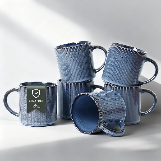 MONITO 16Oz Coffee Mugs Set of 6, Rustic Ceramic Coffee Cups Set with Large Handle, Vintage Striped Stoneware Coffee Mugs for Latte, Cocoa, Tea, Milk, Microwave & Dishwasher Safe, Deep Blue by MONITO