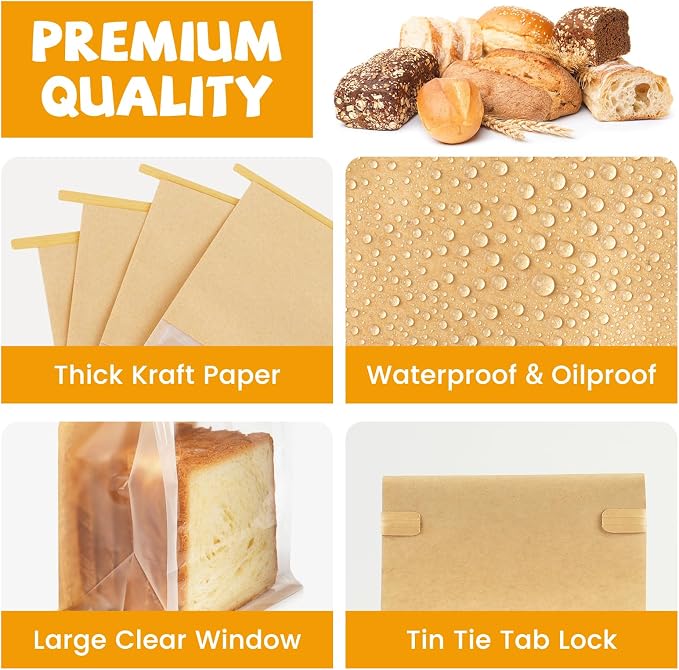 100 Pack Bakery Bags with Window, 5.1x3.9x11 Inches Tin Tie Tab Lock Resealable Cookie Bags for Packaging Bagels, Bread Loaf, Pastry, Baked Goods | Thick Material - Image 3