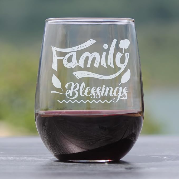 Family Blessings 17oz Stemless Wine Glass, Hand Engraved Etched Glassware, Farmhouse Home Decor for Parents & - Image 2