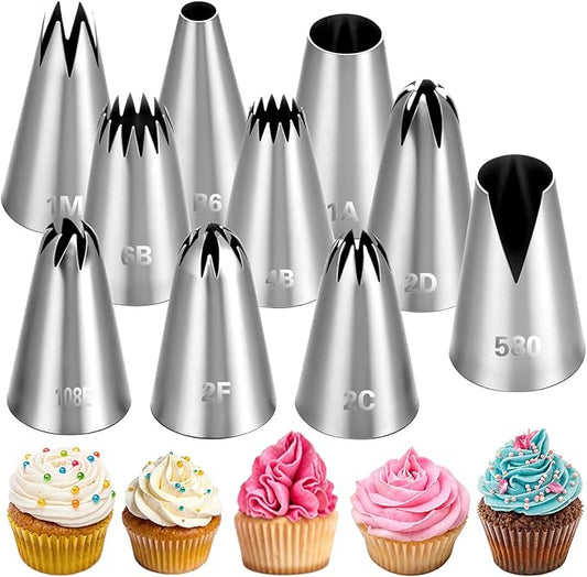 10Pcs Cake Piping Tips Set, Cake Decorating Icing Piping Tip Stainless Steel Cupcake Frosting Nozzles Tool for Baking Cookies Puff Doughnut Cream Bag Filler
