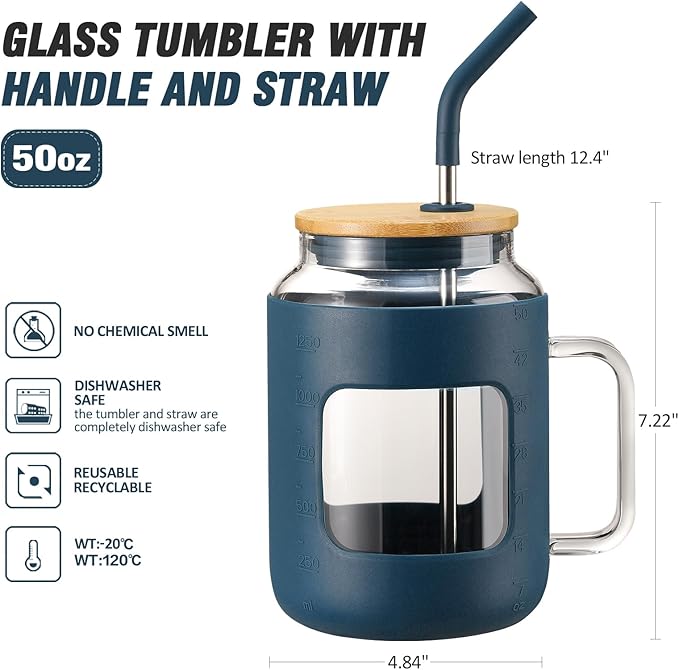 50 oz Glass Water Bottles with Silicone Sleeve,Glass Tumbler with Lid and Straw,Iced Coffee Cup with Handle,BPA Free-Blue