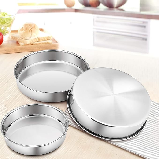 P&P CHEF Cake Pan Set of 3, 8" + 9.5" + 11" Round Baking Layer Cake Pan Tin | Stainless Steel & Mirror Finish, Bakeware for Birthday Weeding Anniversary, Heavy Duty & Non Toxic, Oven & Dishwasher Safe - Image 2