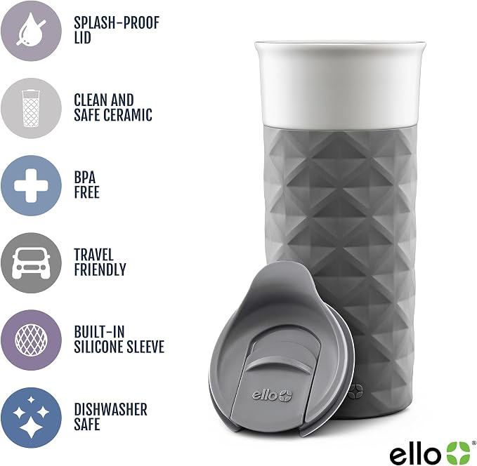 Ello Ogden Ceramic Travel Mug with Splash-Resistant Slider Lid and Protective Silicone Boot, Perfect for Coffee or Tea, BPA Free, Dishwasher Safe, Gray, 16 oz, 758-0438-040 (Pack of 12) - Image 3