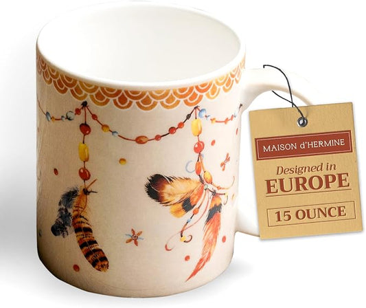 Maison d' Hermine Coffee Mug with Handles Tea Cups (15 Ounce, Pack of 1) | Fine Bone China Coffee Mugs for Hot Beverages Cappuccino Latte Home Restaurant Hotel Spring Summer -Ibiza - Beige - Feather by MaisondHermine
